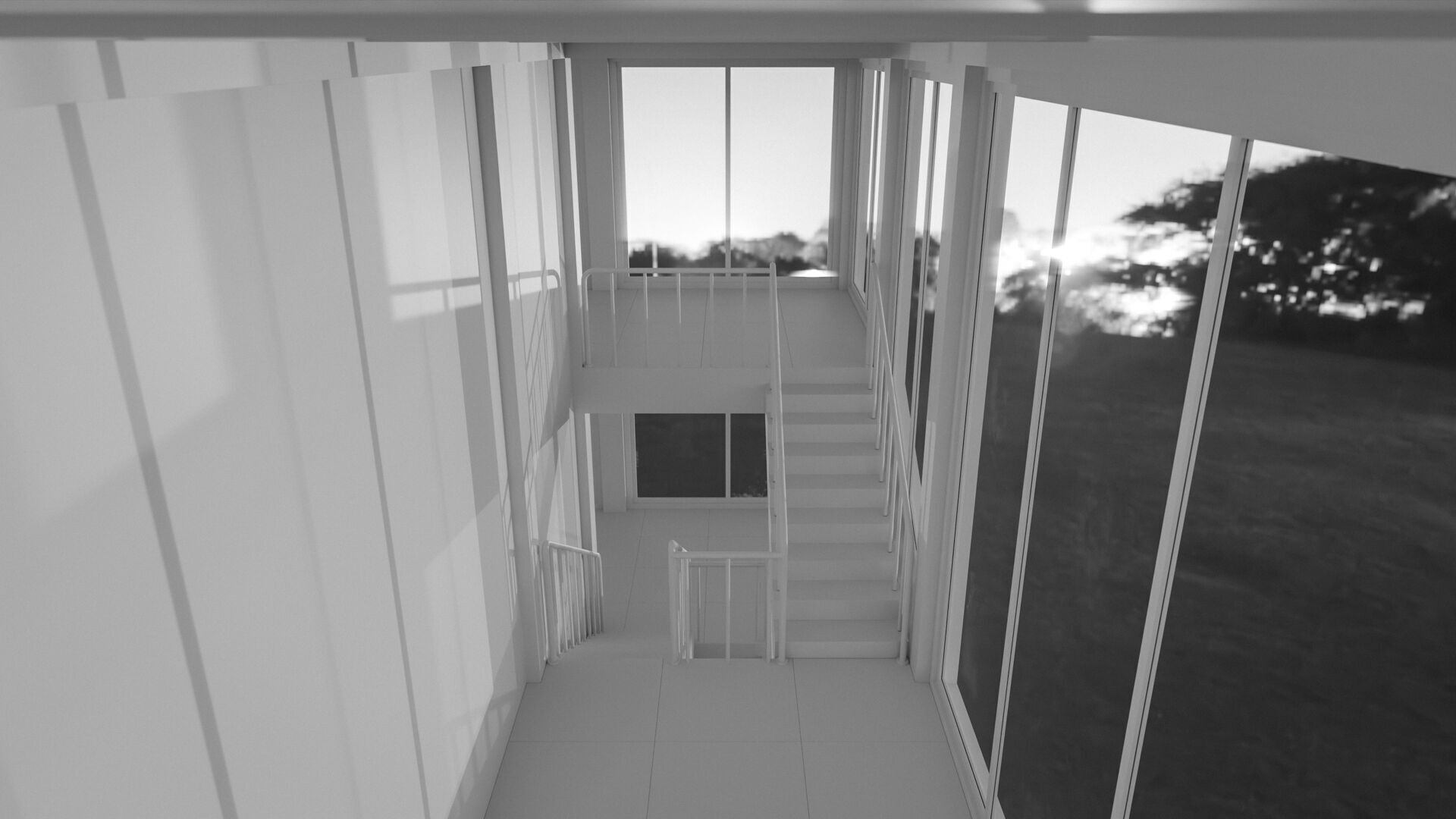 Staircase in a building with large windows Low-poly 3D model_12