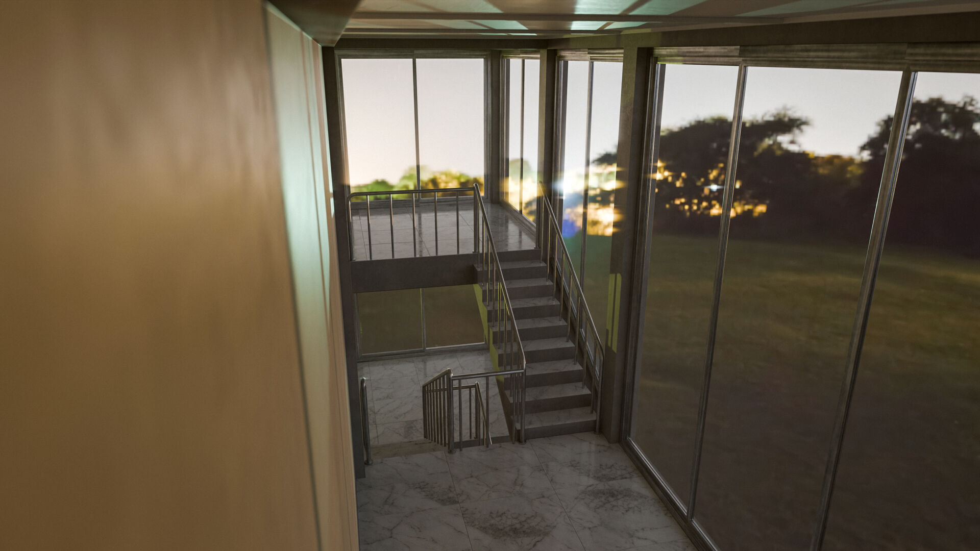 Staircase in a building with large windows Low-poly 3D model_6
