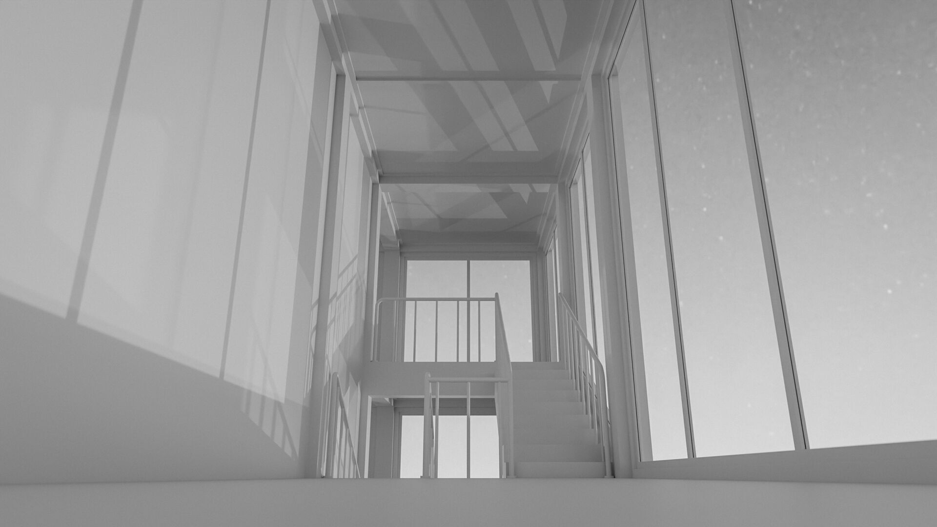 Staircase in a building with large windows Low-poly 3D model_11