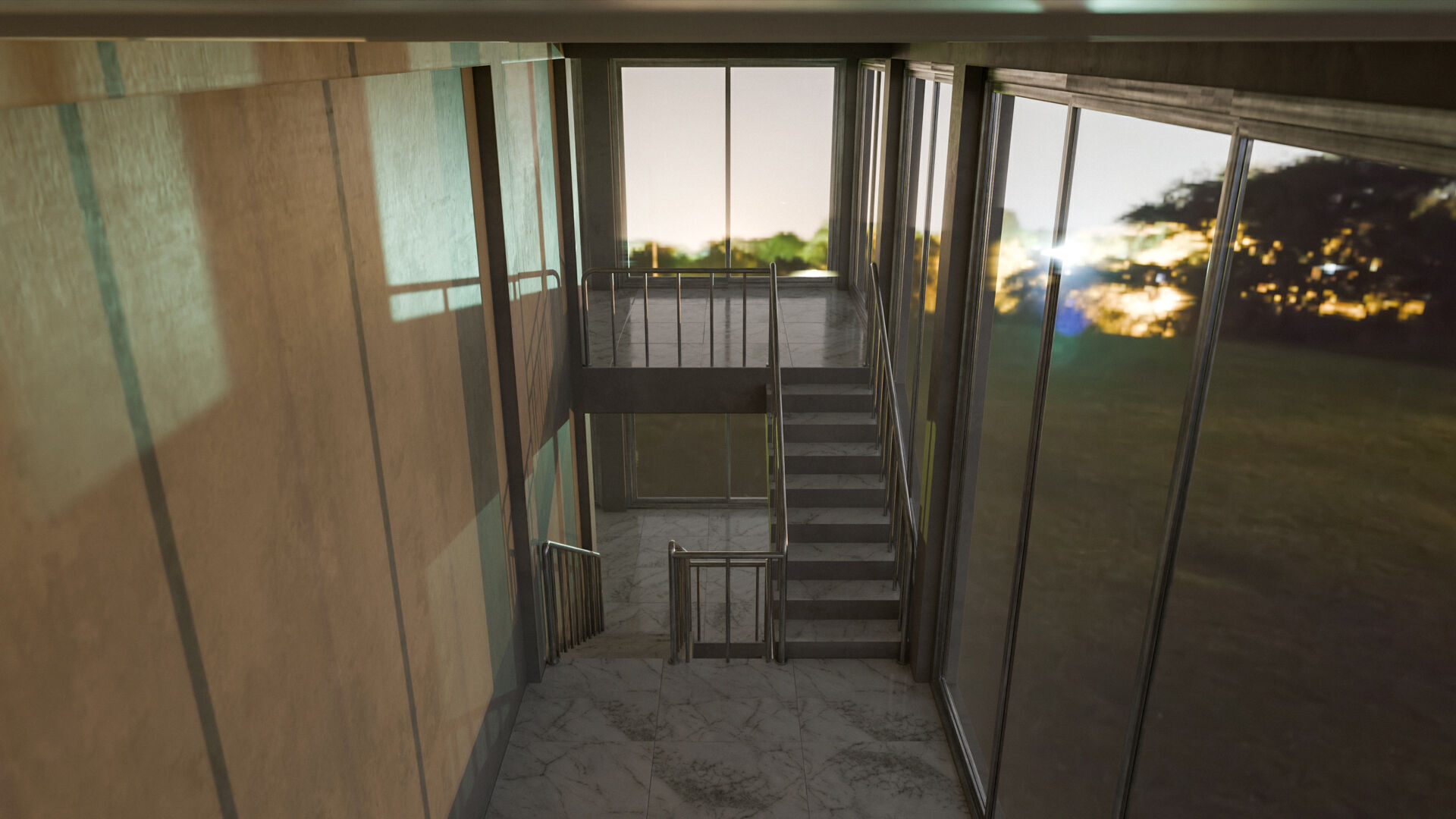 Staircase in a building with large windows Low-poly 3D model_3