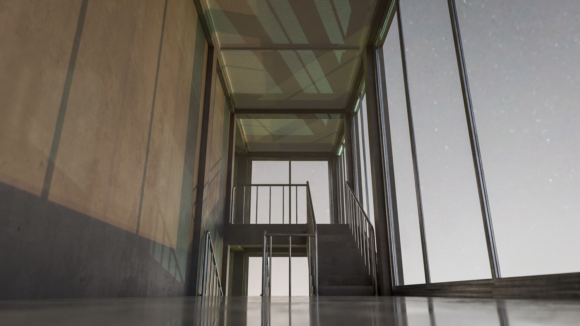 Staircase in a building with large windows Low-poly 3D model_2