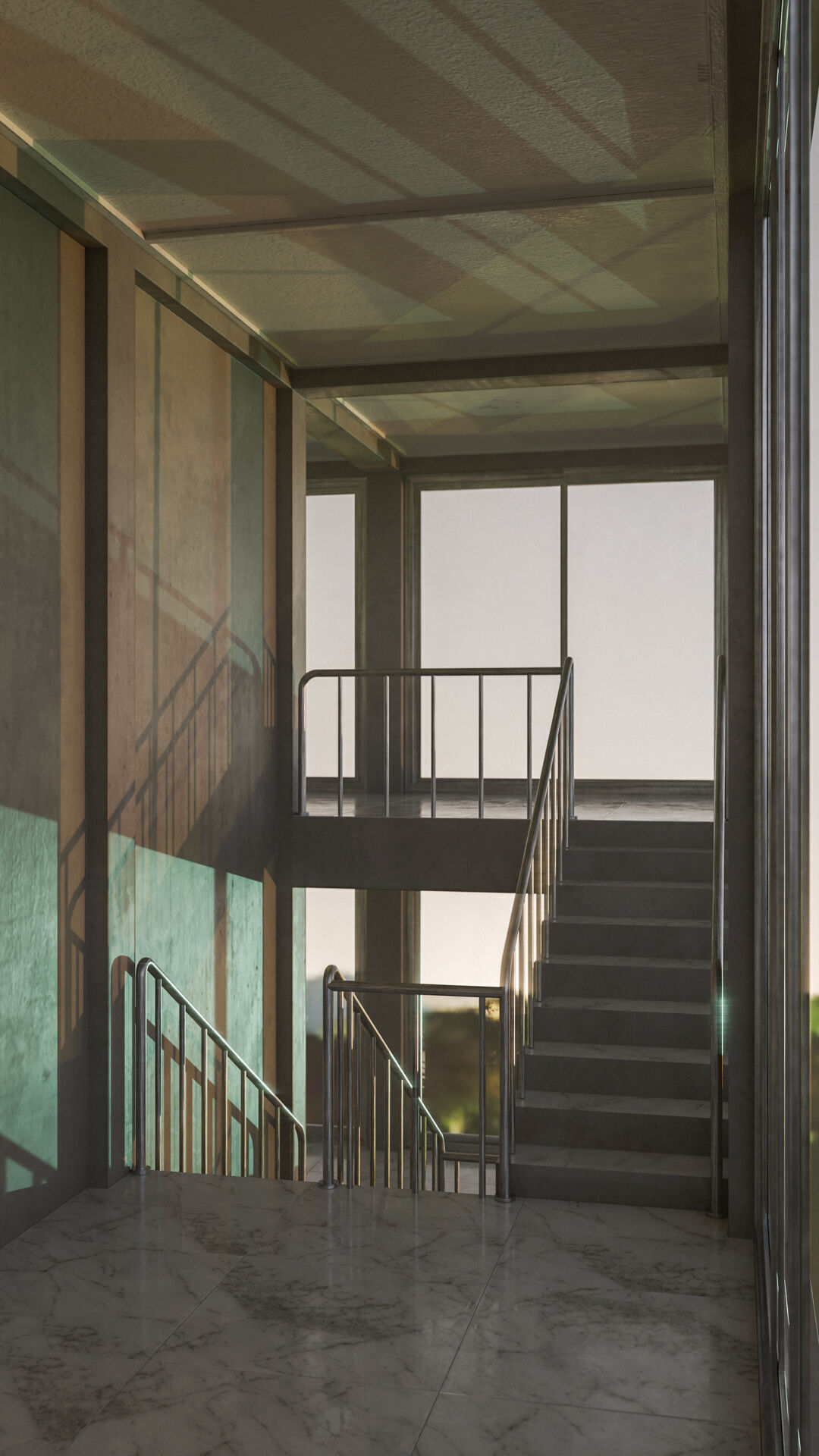Staircase in a building with large windows Low-poly 3D model_25