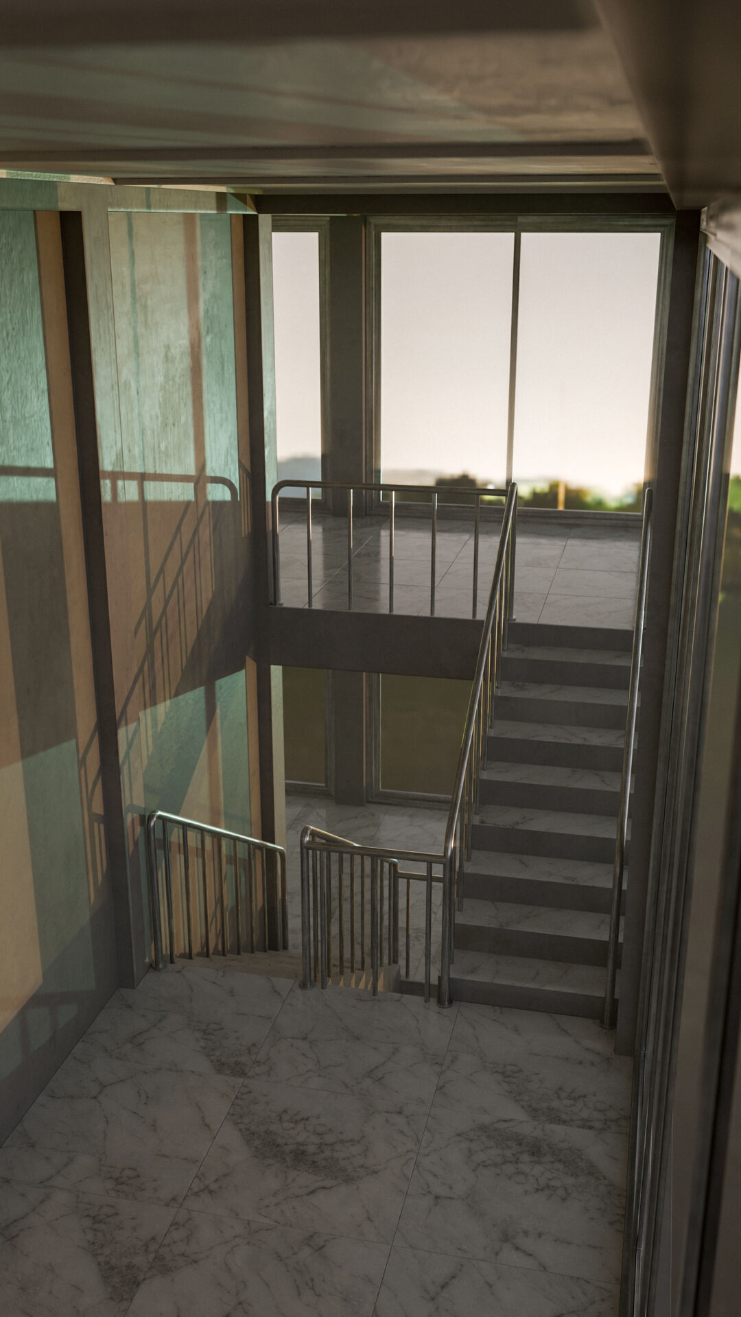 Staircase in a building with large windows Low-poly 3D model_27