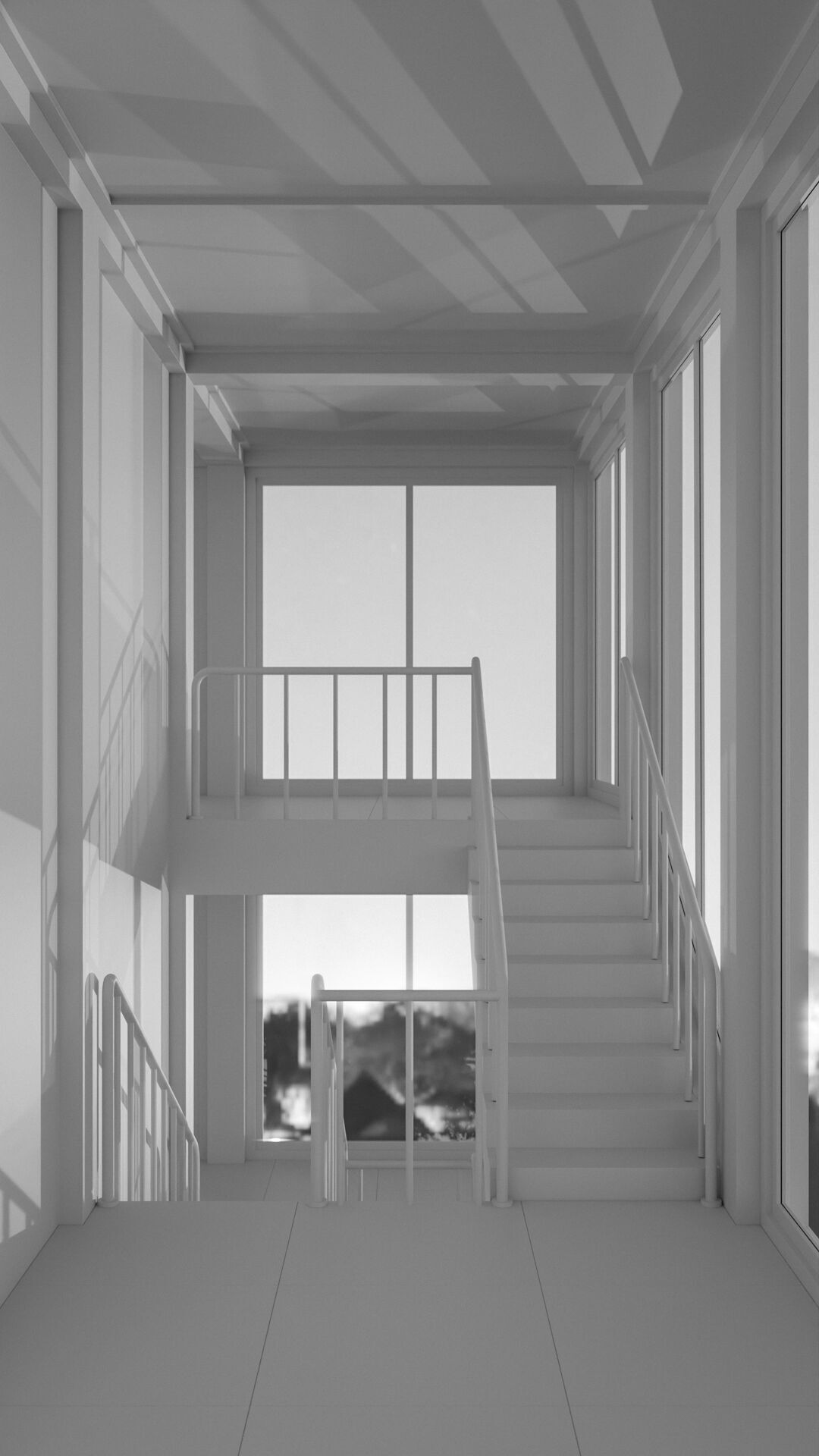 Staircase in a building with large windows Low-poly 3D model_28