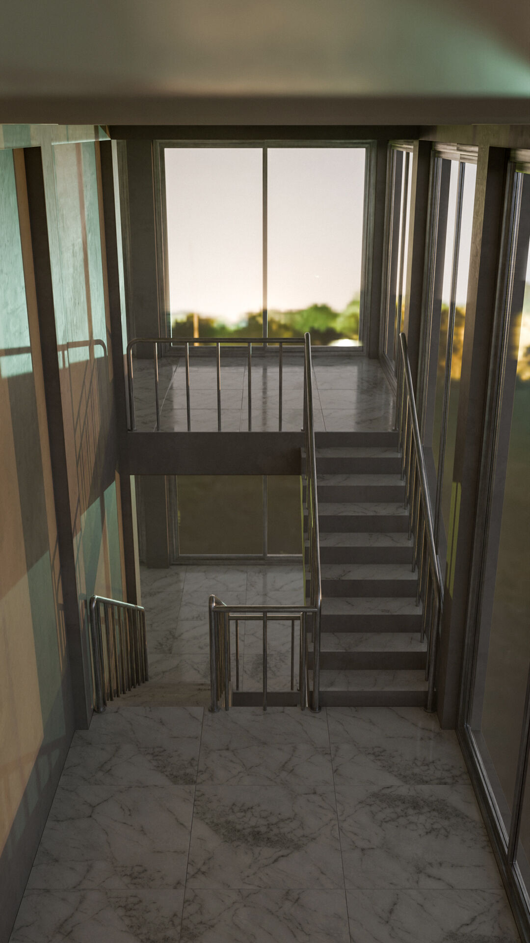 Staircase in a building with large windows Low-poly 3D model_21