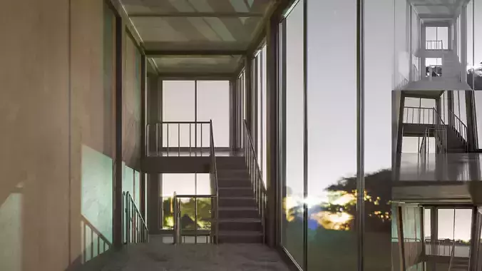 Staircase in a building with large windows
