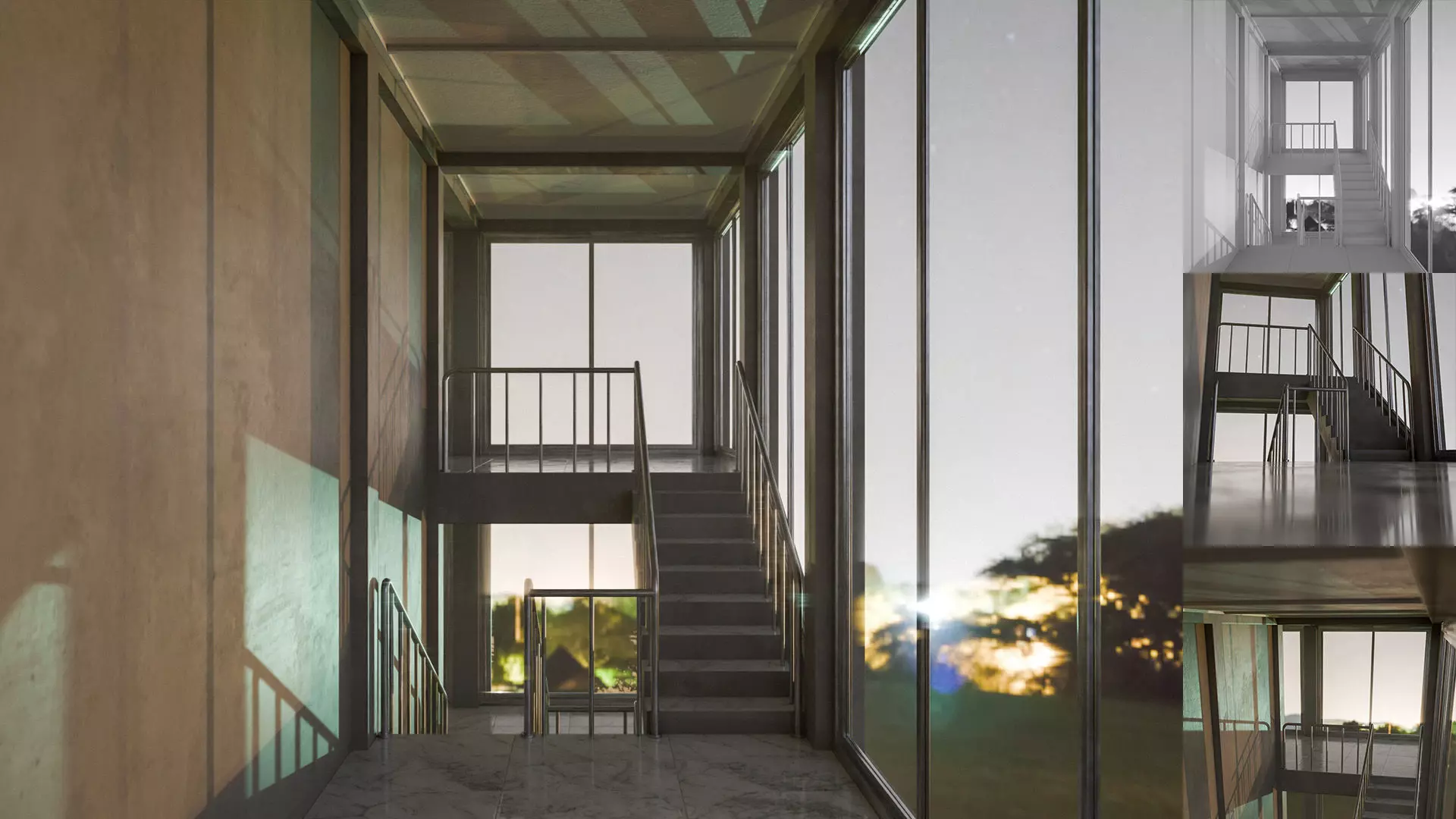 Staircase in a building with large windows Low-poly 3D model_0