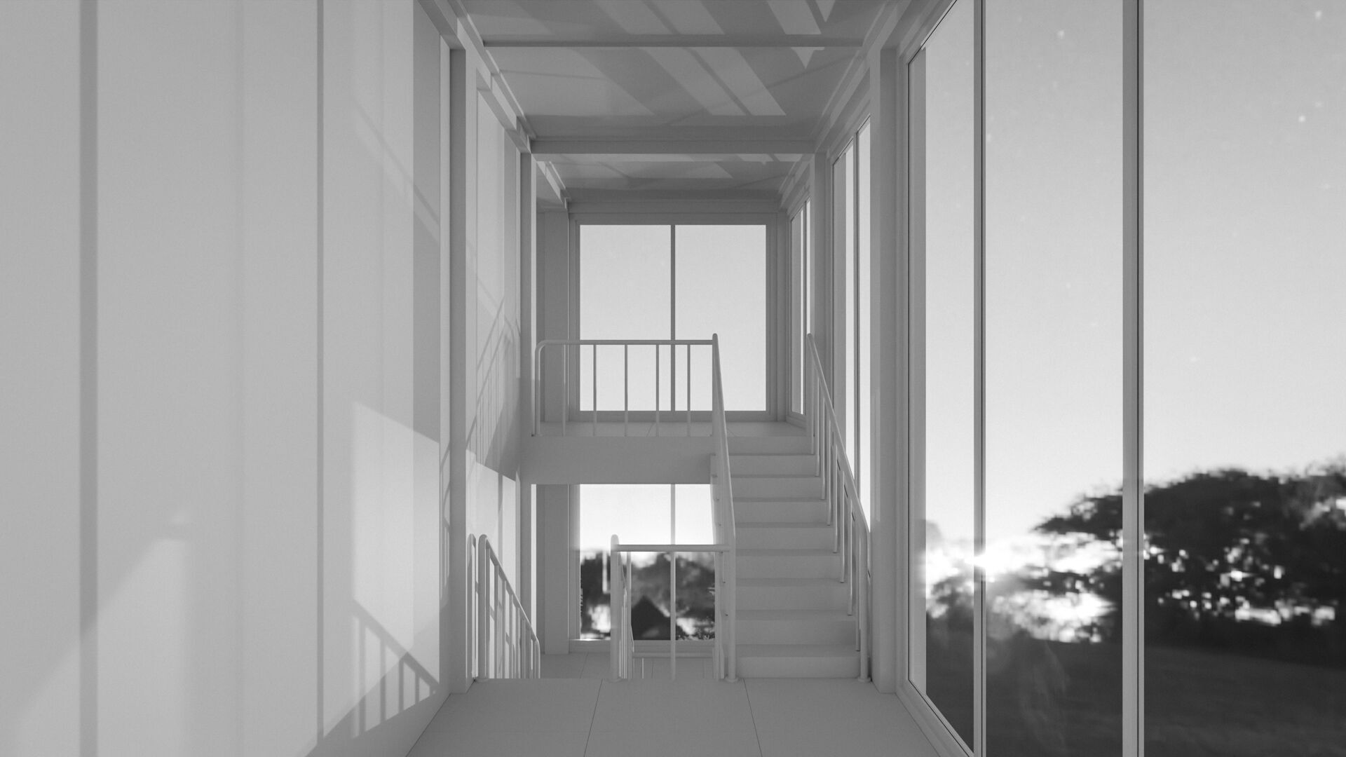 Staircase in a building with large windows Low-poly 3D model_10