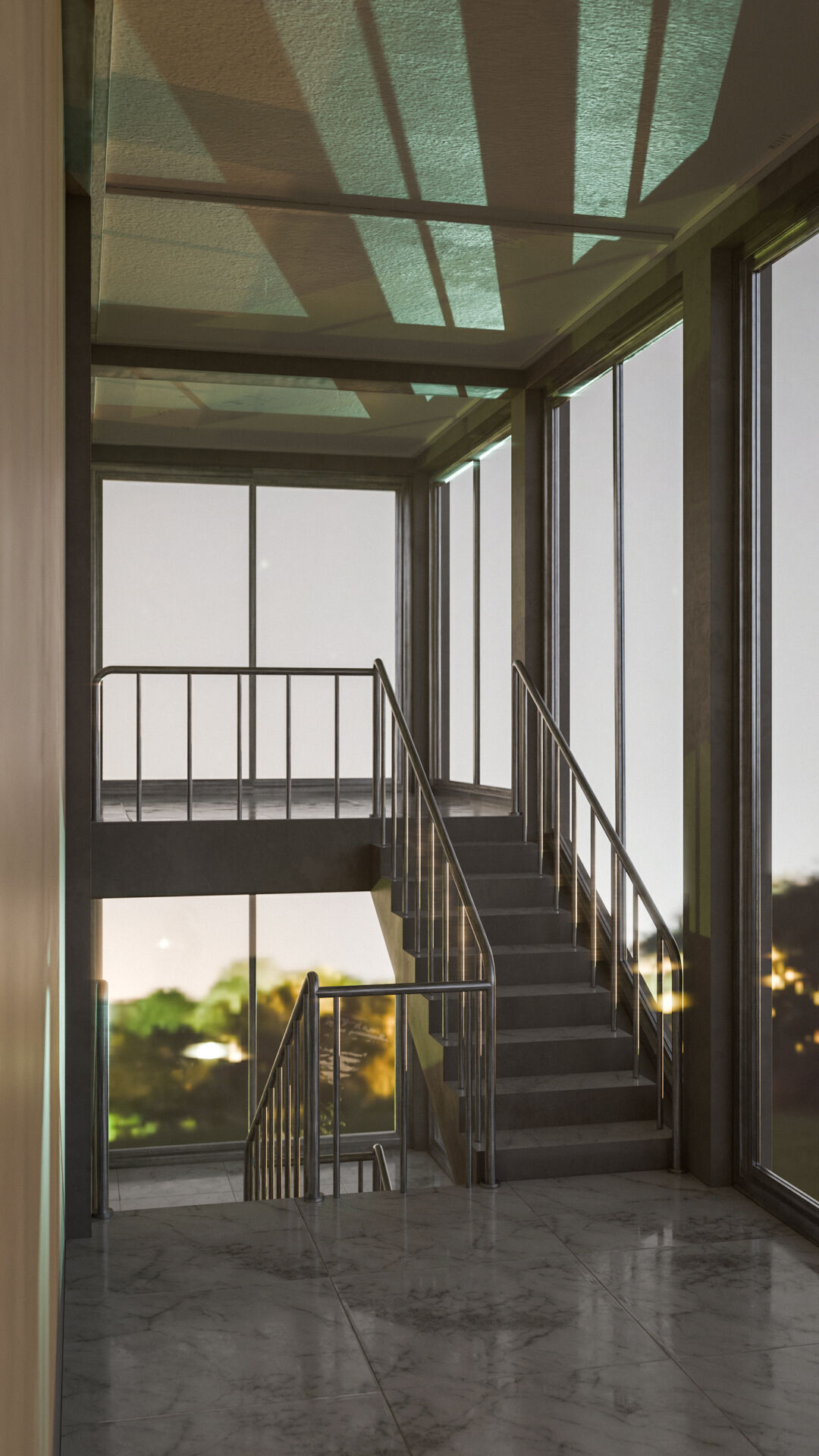 Staircase in a building with large windows Low-poly 3D model_22