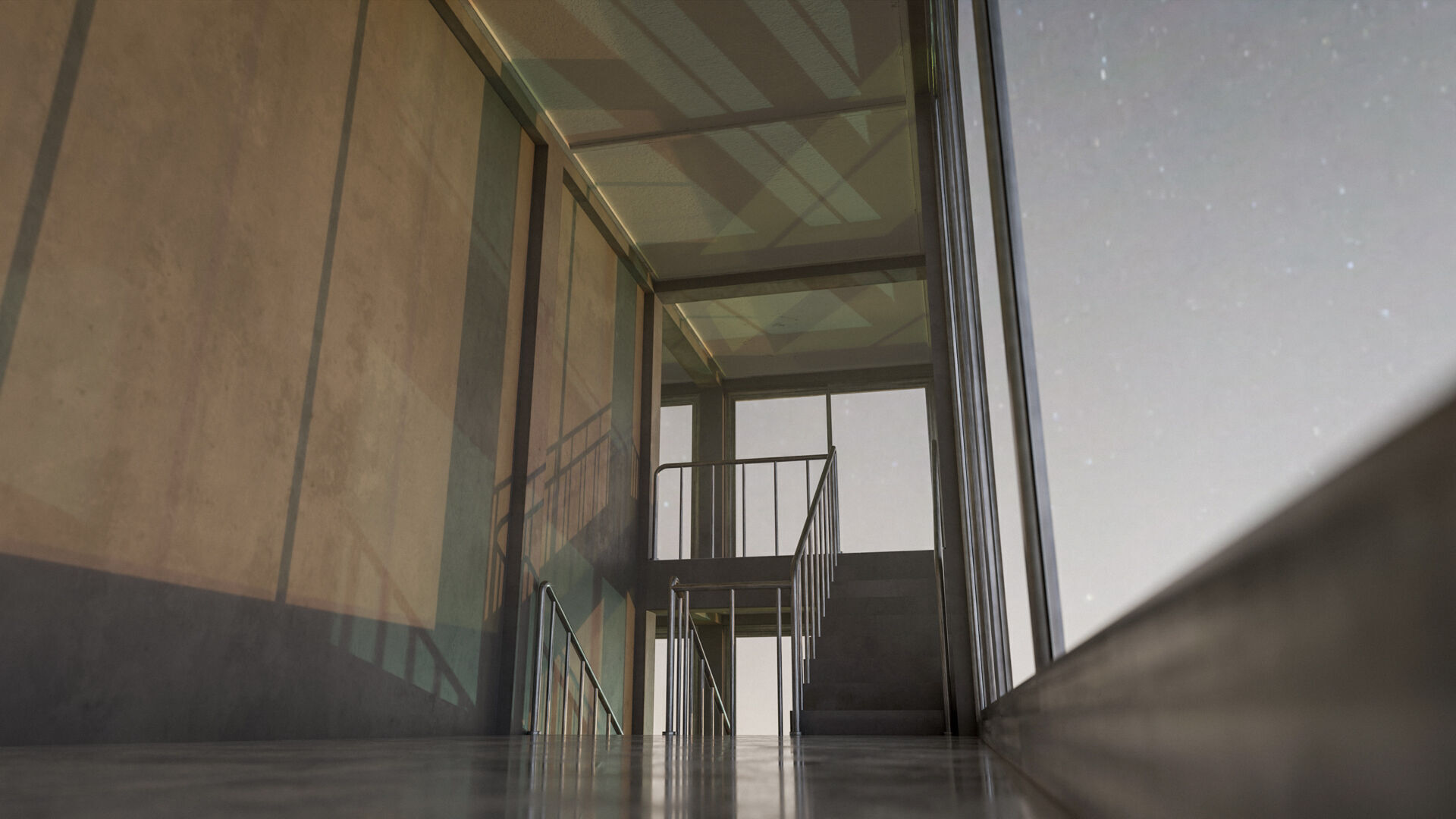 Staircase in a building with large windows Low-poly 3D model_8