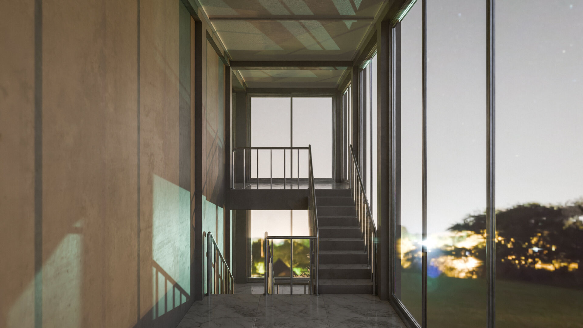 Staircase in a building with large windows Low-poly 3D model_1