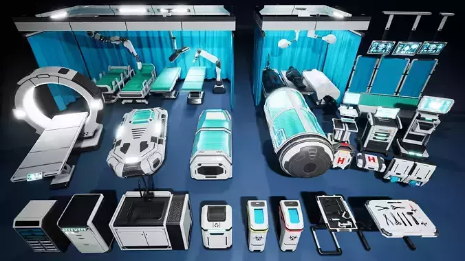 SciFi Hospital Room Props Low-poly 3D model