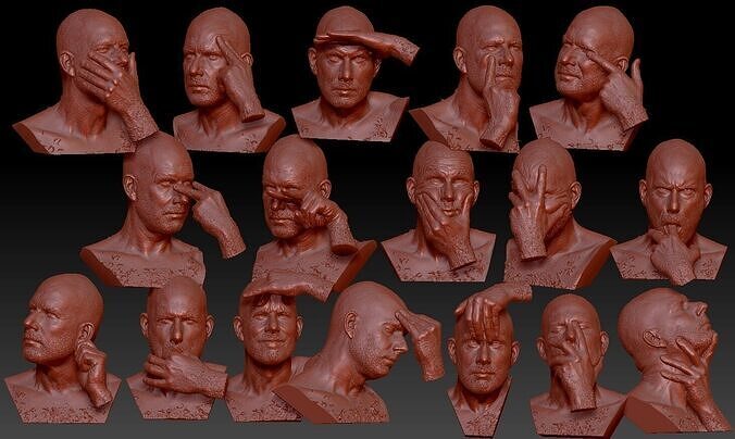 17 3D Scanned Heads with Hand Intereactions 3D model
