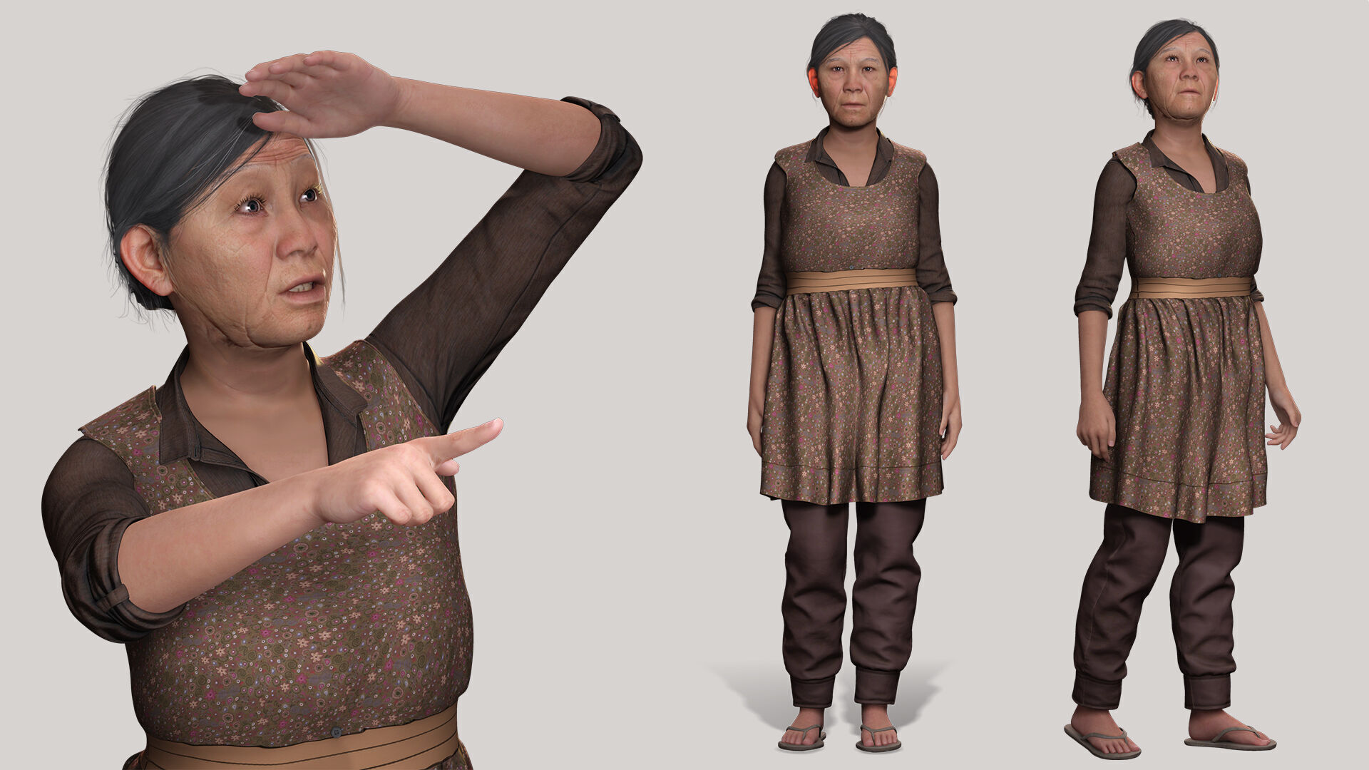 Realistic Elderly Woman 3D Model Game Ready Rigged Low-poly 3D model_9