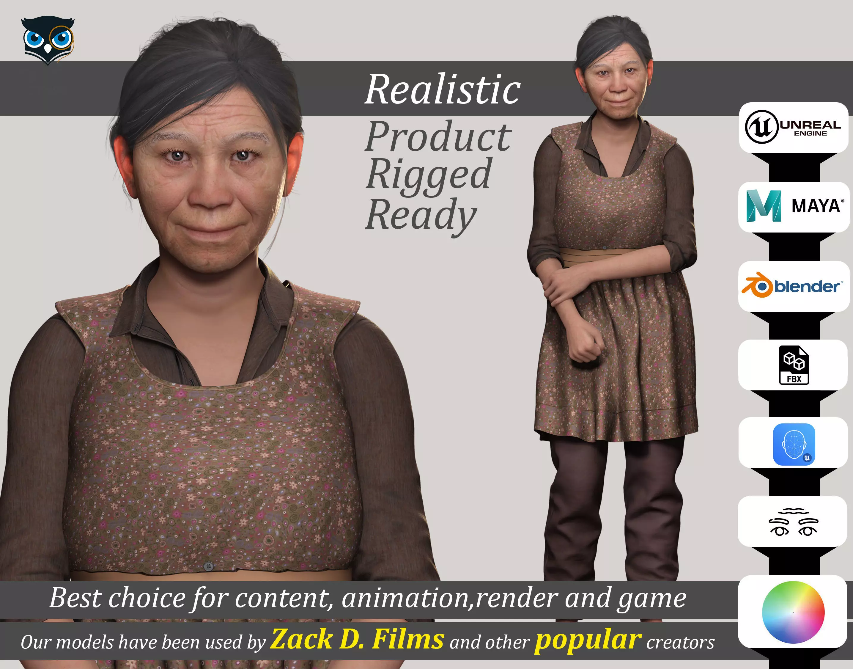 Realistic Elderly Woman 3D Model Game Ready Rigged Low-poly 3D model_0