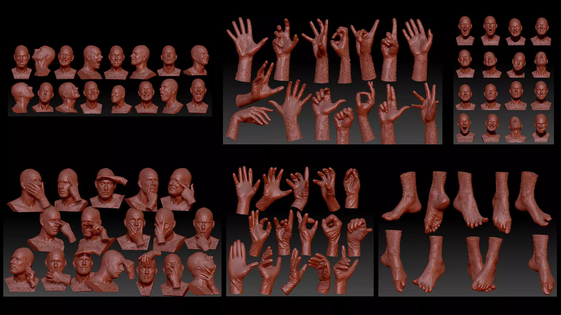 89 Scanned Hands Feet Gloves and Heads with Expression Animation 3D Model Collection_0