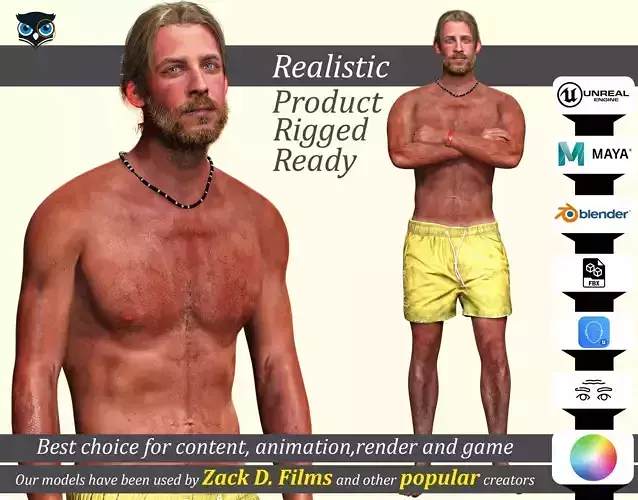 Lifeguard Survivor 3D Model Realistic Beach Man with Sunburn