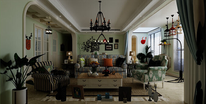 Living room sofa cushions chandelier paintings 3D model