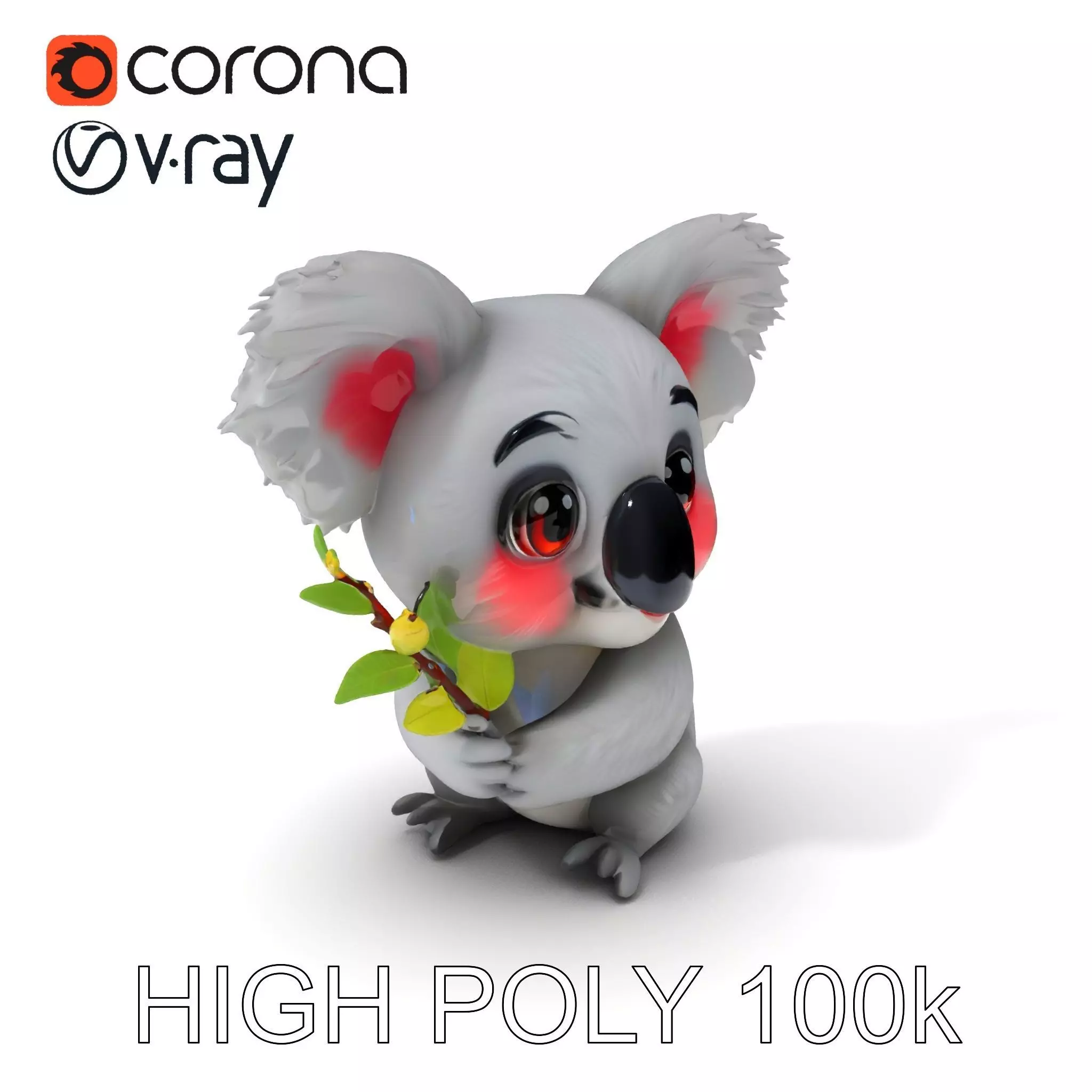 Cute Koala Holding Branch D Model Pack Low-poly 3D model_0