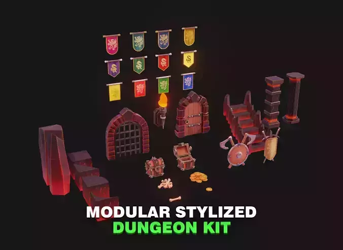 Modular Stylized Dungeon Kit Low-poly 3D Model Low-poly 3D model