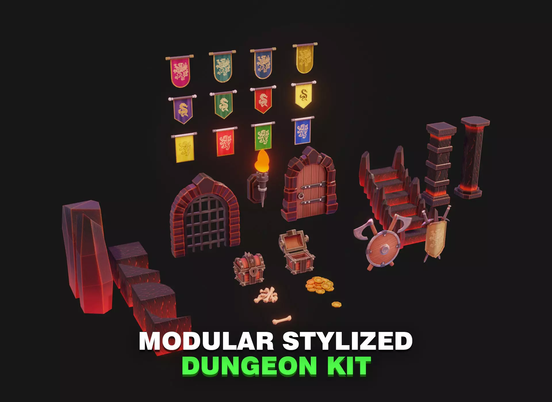Modular Stylized Dungeon Kit Low-poly 3D Model Low-poly 3D model_0