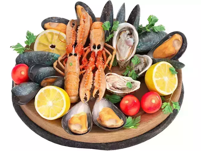 seafood plate of langoustines oysters and mussels 3D model