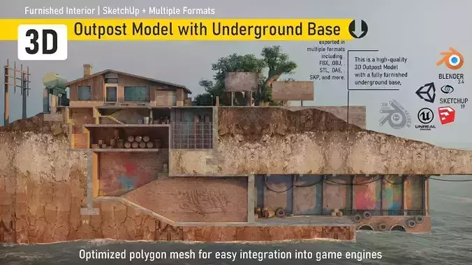 Outpost Model with Underground Base Low-poly 3D model