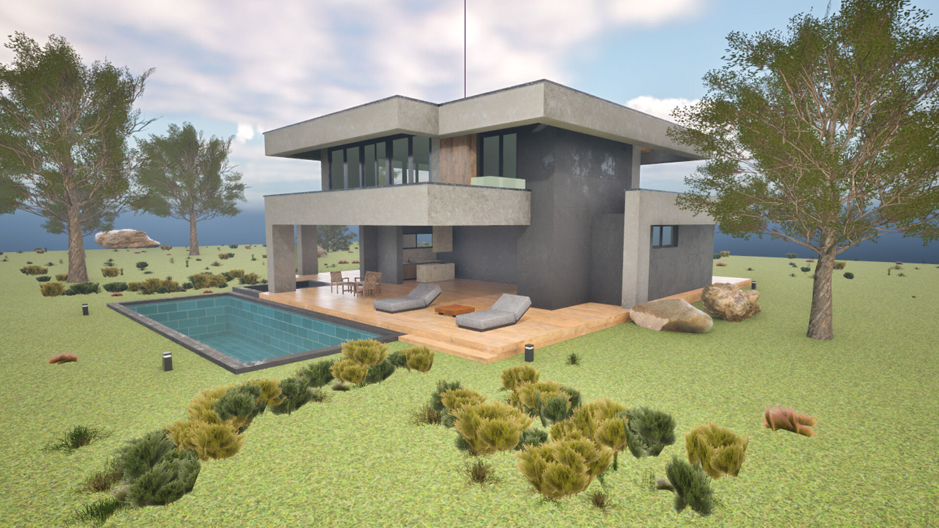 Modern Cozy House with Pool and Parking Low-poly 3D model_6