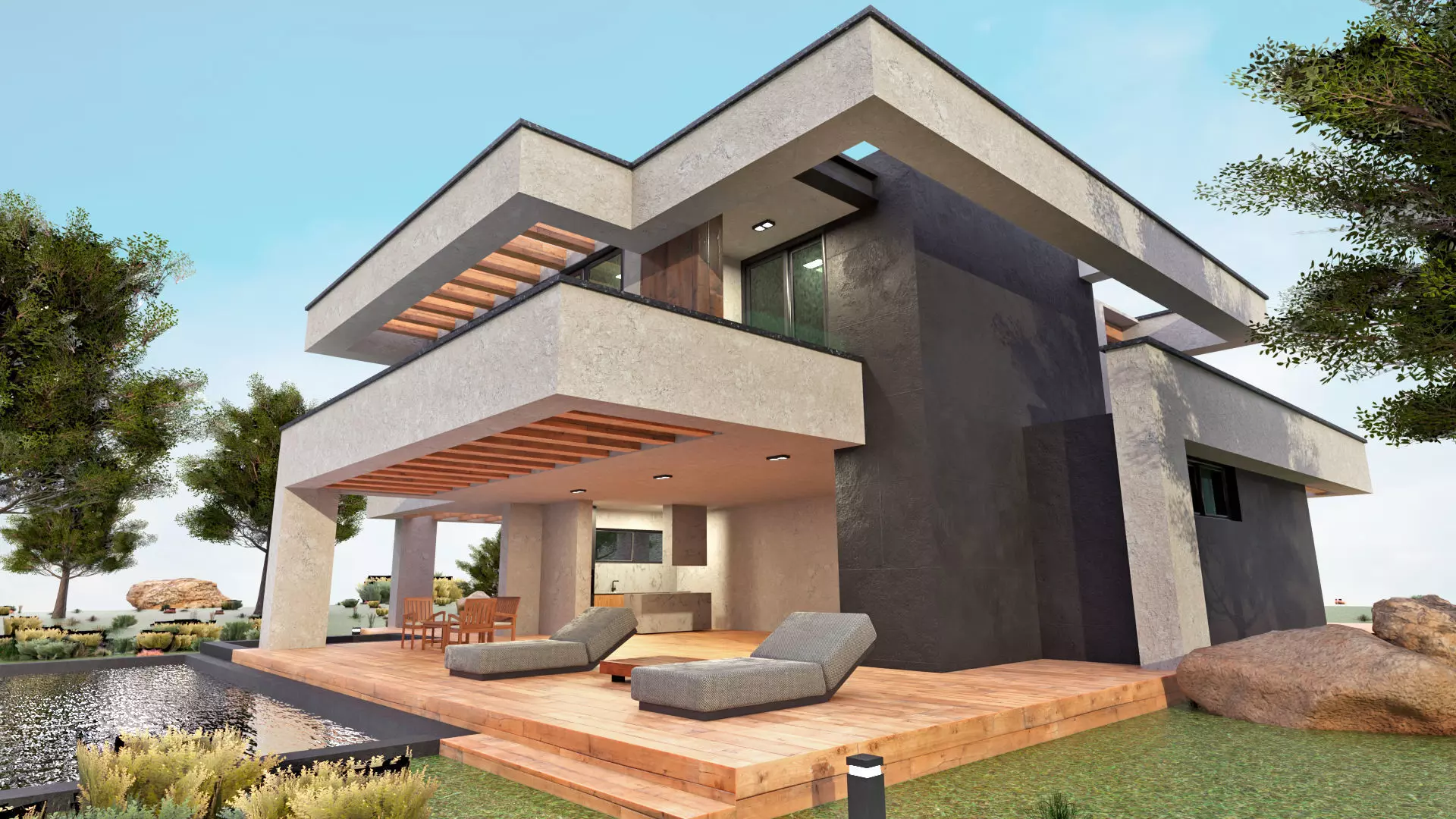 Modern Cozy House with Pool and Parking Low-poly 3D model_0