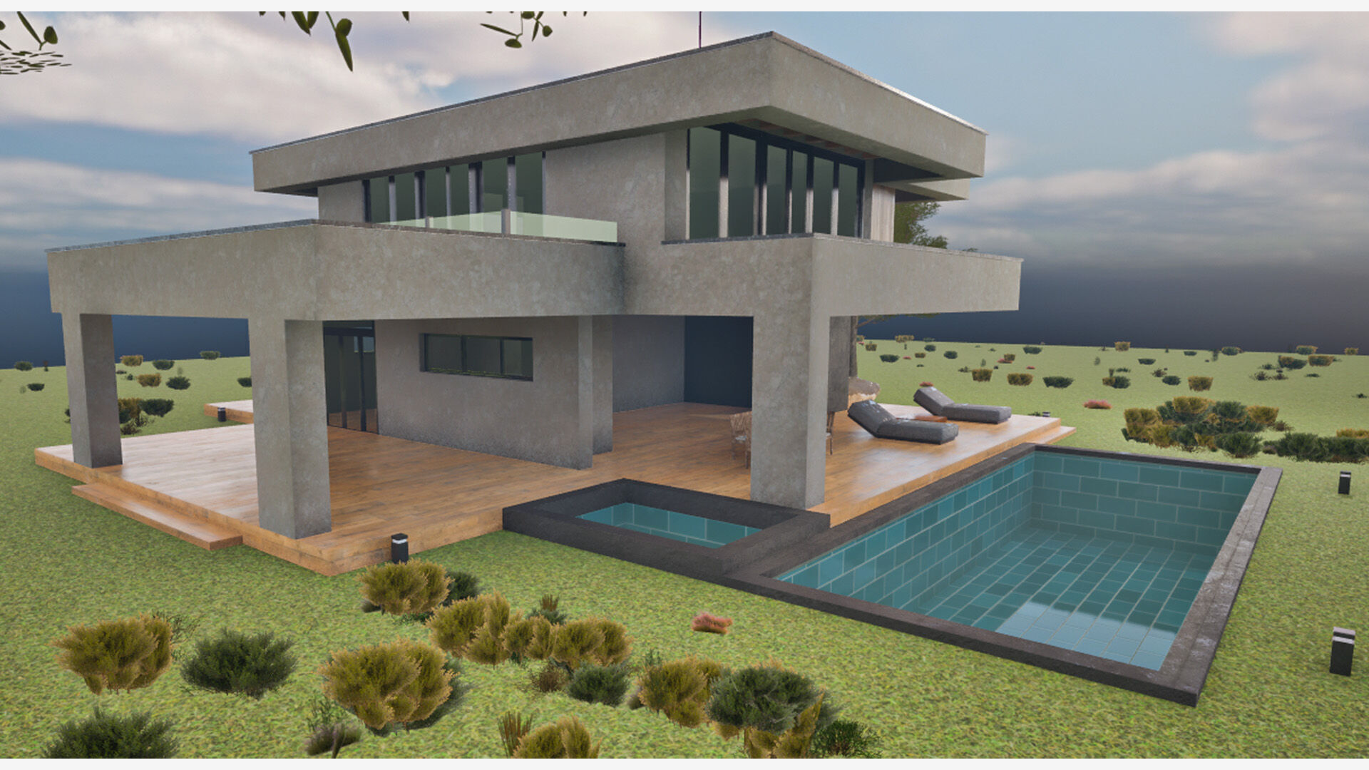 Modern Cozy House with Pool and Parking Low-poly 3D model_4