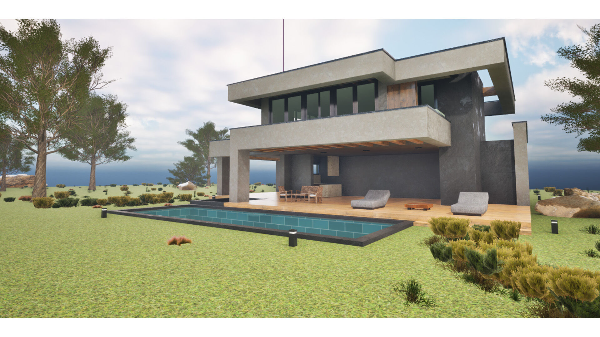 Modern Cozy House with Pool and Parking Low-poly 3D model_2