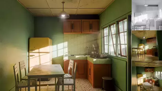 Kitchen with yellow refrigerator and green wall