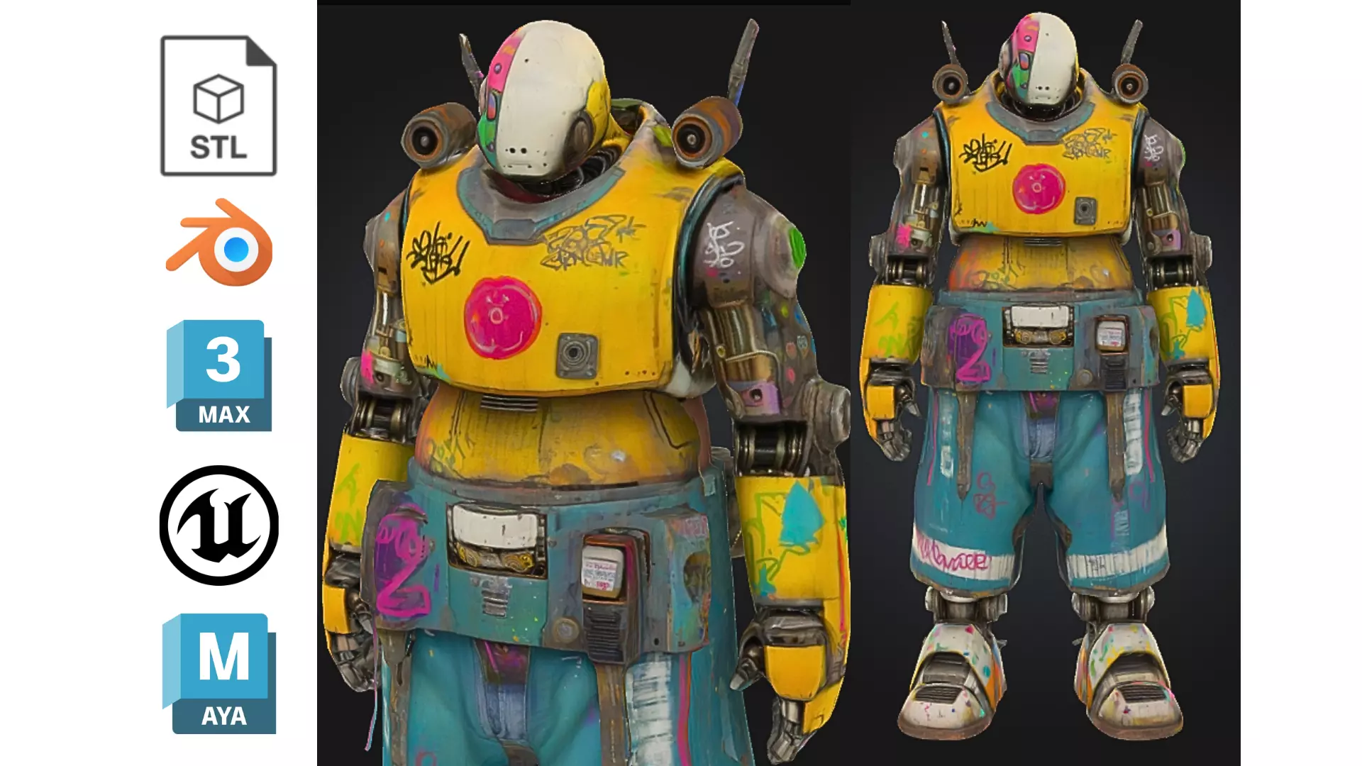 Colorful Urban Graffiti Robot Character Low-poly 3D model_0