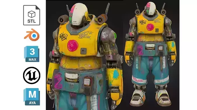 Colorful Urban Graffiti Robot Character Low-poly 3D model