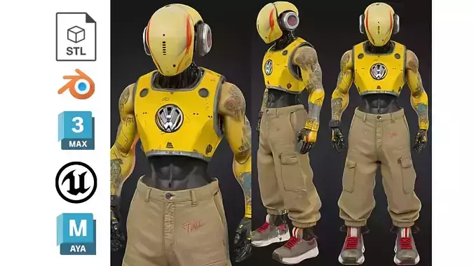 Stylized Cyberpunk Android with Tattoos Low-poly 3D model