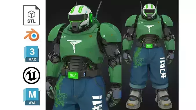 Futuristic Combat Robot in Green Armor Low-poly 3D model