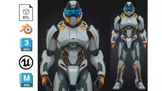 Futuristic White Orange Mech Low-poly 3D model
