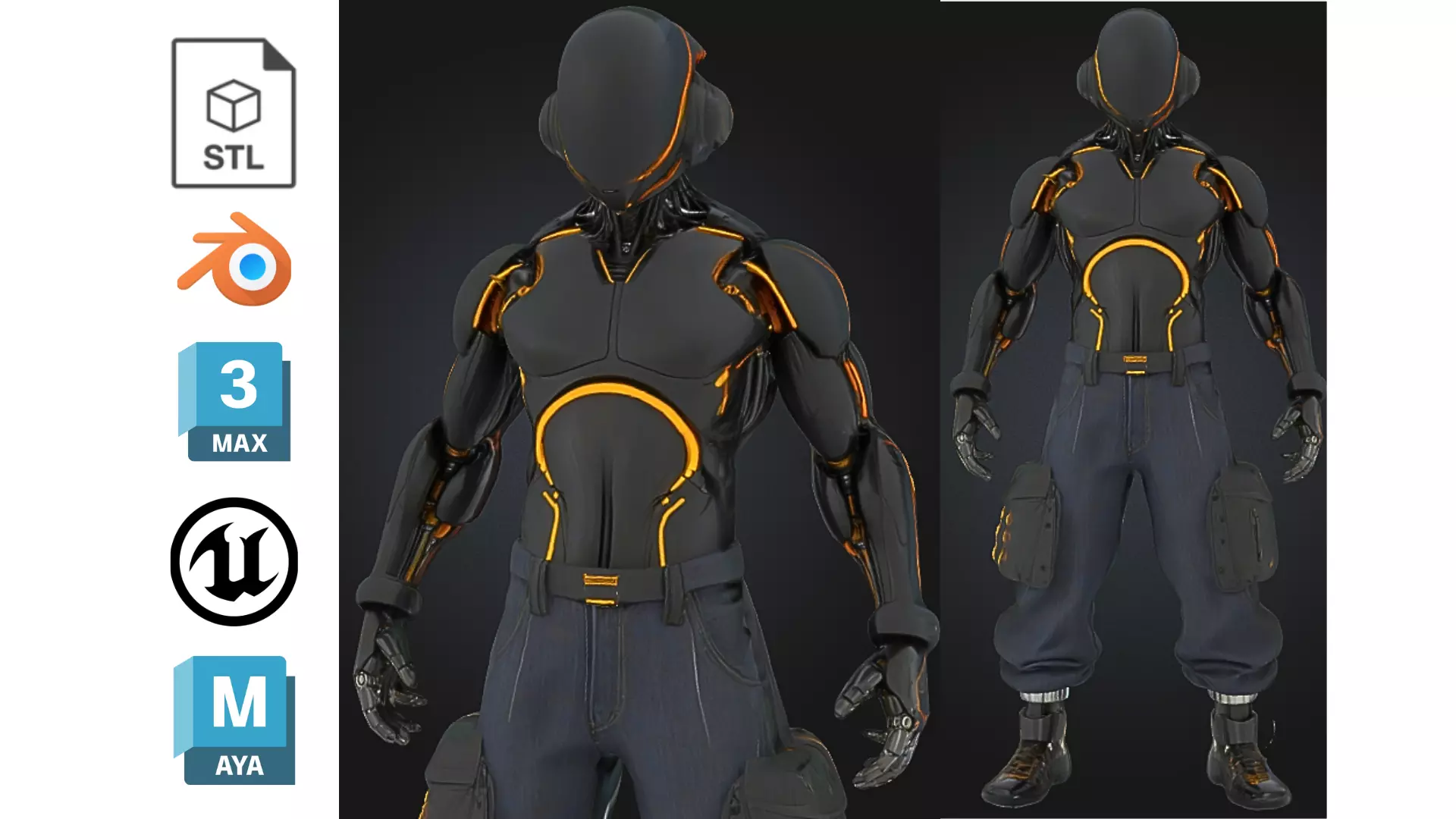 Black Futuristic Cyborg Character Low-poly 3D model_0