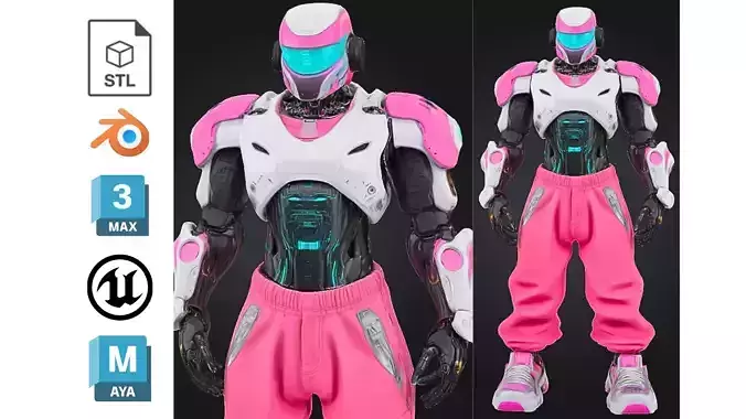 Stylized Pink Futuristic Robot Character Low-poly 3D model