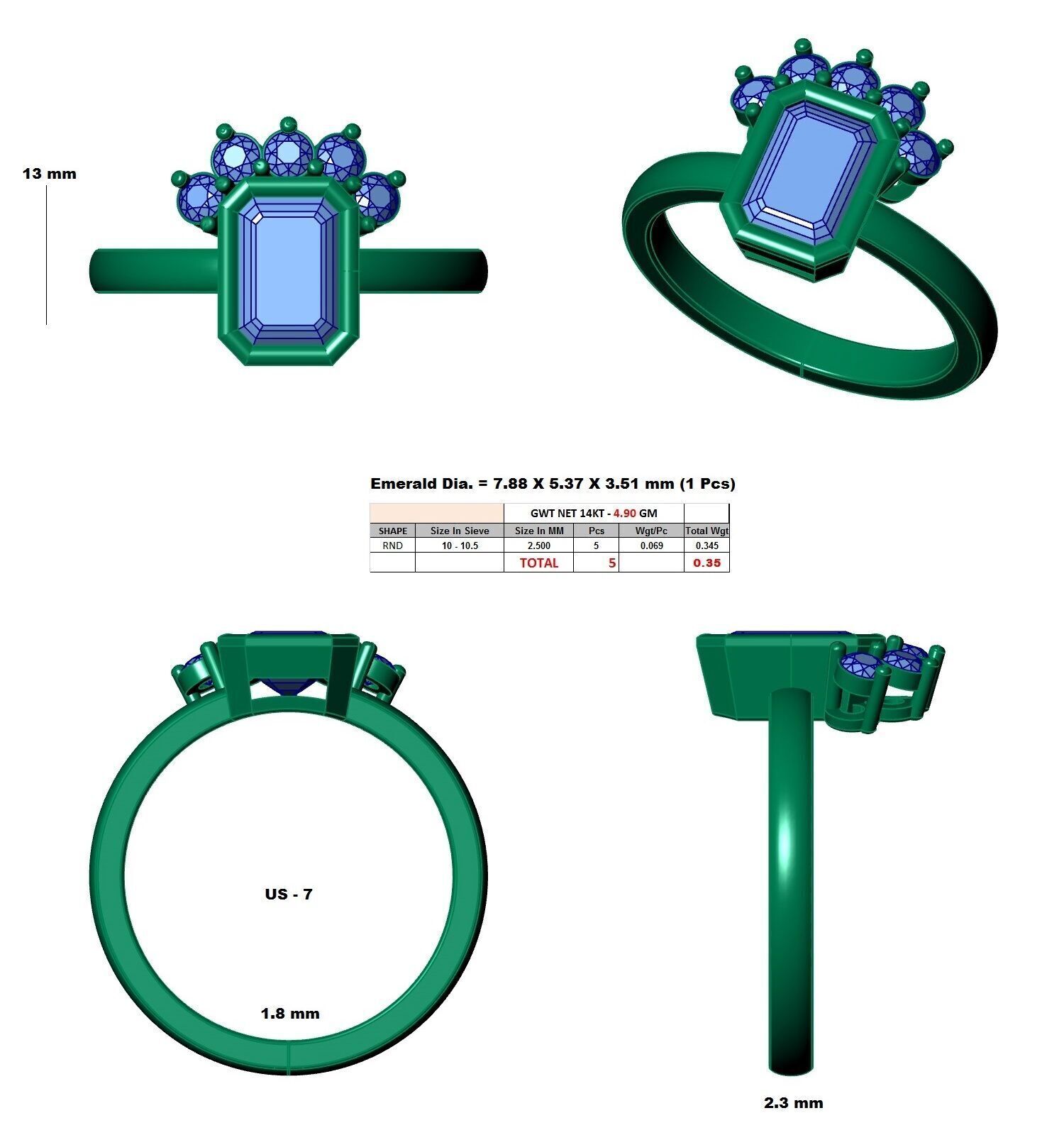 Emerald Diamond Solitaire Ring 3D print model_12