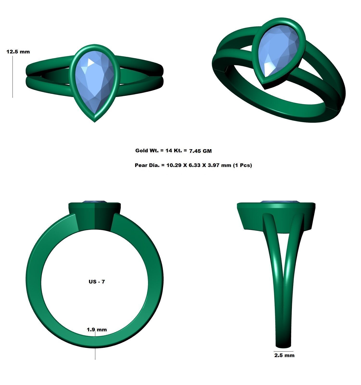 Pear Diamond Solitaire Ring 3D print model_12