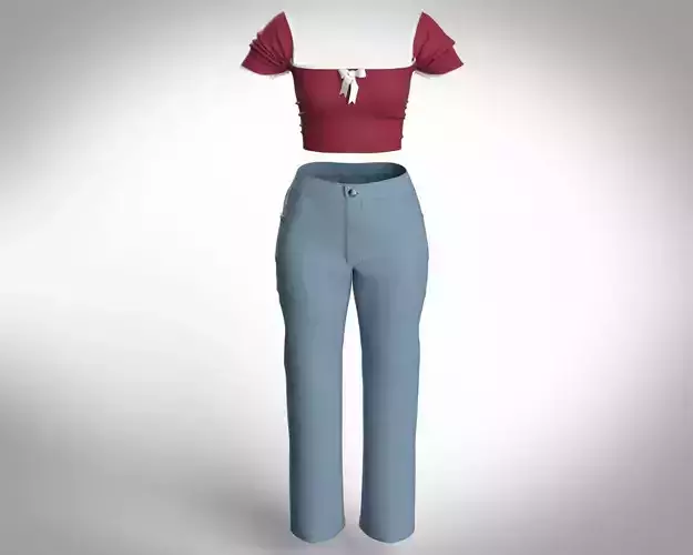 City Style Modern-day Female Fitted Tee and Jeans Set 3D model