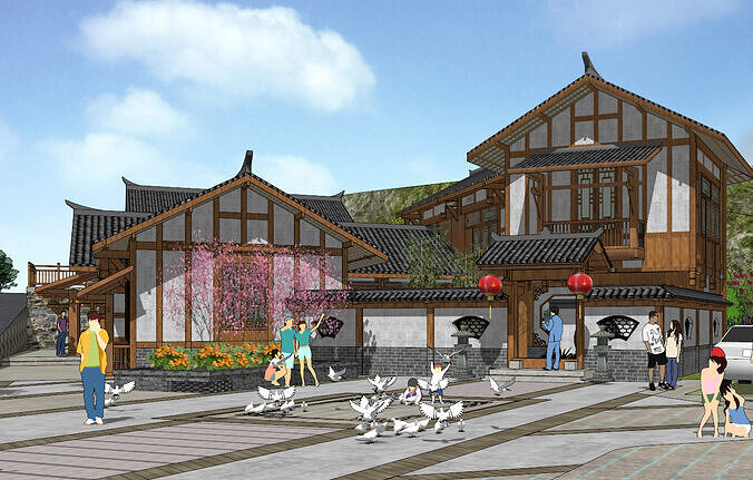 Chinese-style architectural homestay 3D model