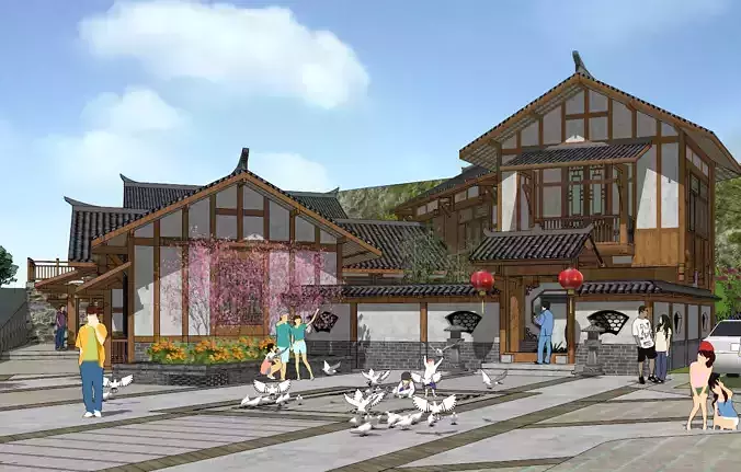 Chinese-style architectural homestay 3D model