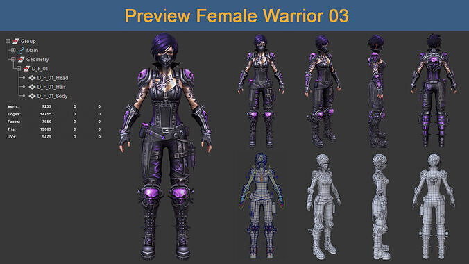 Character Female Warriors 03 - Ready for game Low-poly 3D model