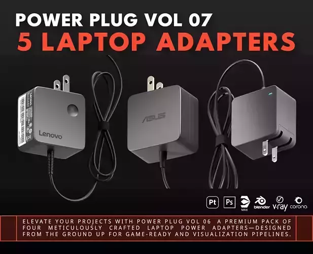 Power Plug Vol 07 - 5 Laptop Adapters -  Game Ready Low-poly 3D model