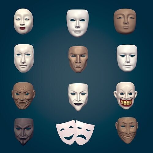 Masks Pack -- Theater  Asian Neutral Samurai Anonymous Woman Man Low-poly 3D model
