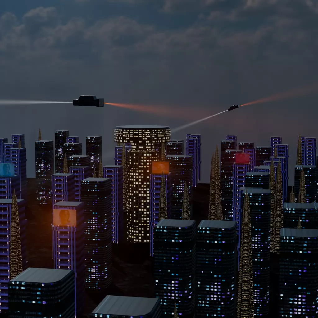 Futuristic Sci-Fi City Stylized Night Scene with Flying Vehicles Low-poly 3D model_0