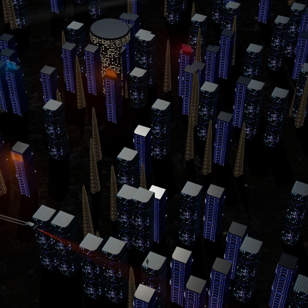 Futuristic Sci-Fi City Stylized Night Scene with Flying Vehicles Low-poly 3D model_1