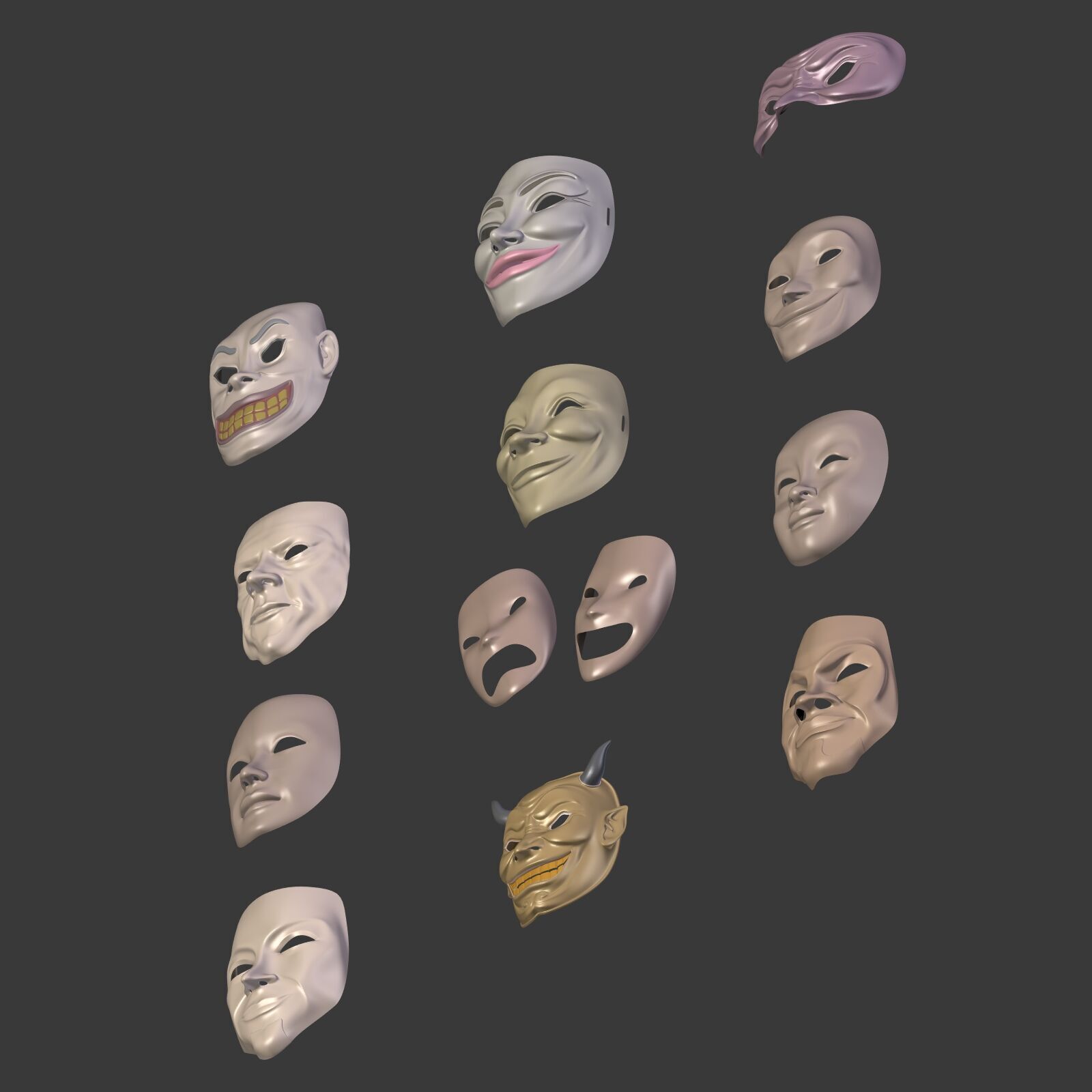 Masks Pack -- Theater Asian African Neutral Anonymous Woman Man Low-poly 3D model_29